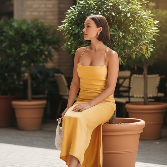 Sydney Yellow Satin Straight Neck Slip Maxi Dress Size Medium - Picture 3 of 7